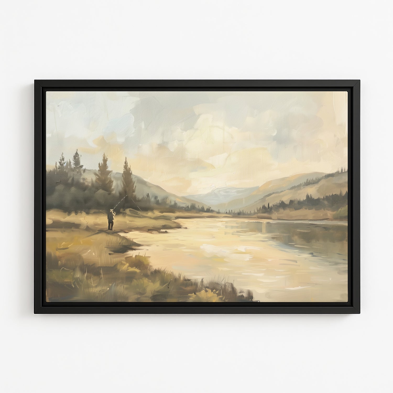 a serene landscape with a person fishing in a lake surrounded by mountains and trees.