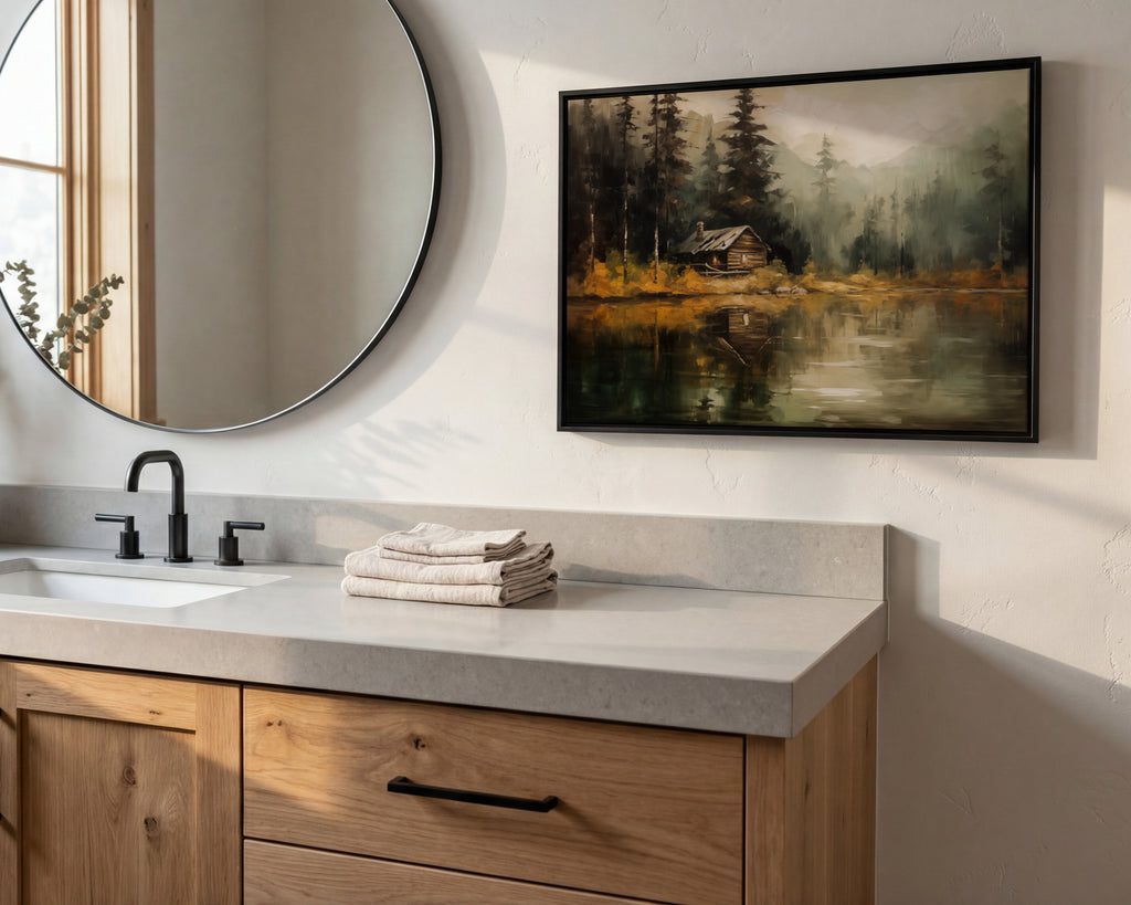a bathroom with a sink, a mirror, and a framed painting of a cabin in a forest. The painting is hanging on the wall above the sink, which has a wooden cabinet below it. The sink has a black faucet, and there are some towels on the counter.
