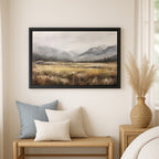 a serene landscape painting hanging on a wall, with a wooden bench and a woven basket nearby.