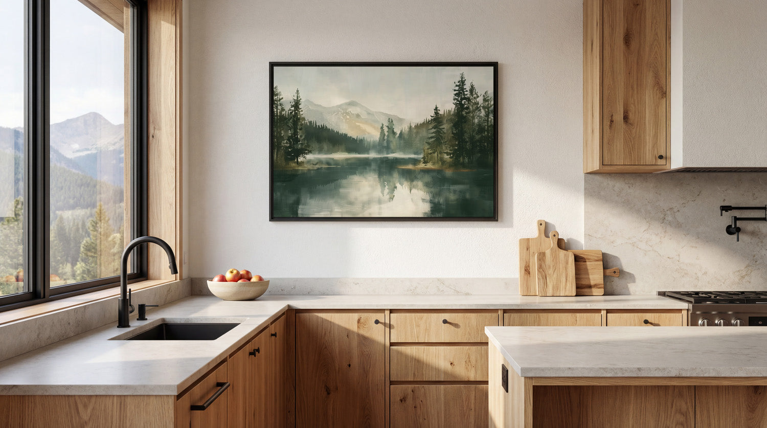 a modern kitchen with a large window overlooking a scenic mountain landscape. The kitchen features wooden cabinets, a black faucet, and a framed painting of a mountain lake hanging on the wall.