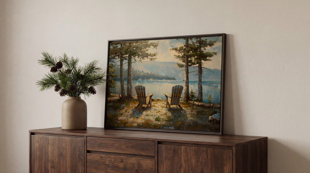 a framed painting of two Adirondack chairs overlooking a lake, surrounded by pine trees and mountains.