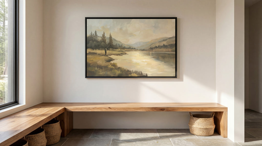 a serene landscape painting hanging on a white wall, with a wooden bench and woven baskets below it.