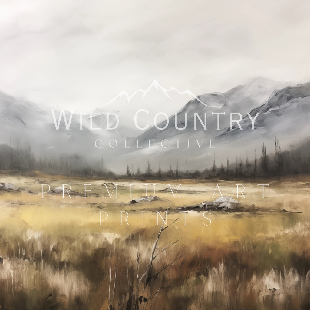 a serene landscape with a vast field, mountains in the distance, and a cloudy sky.