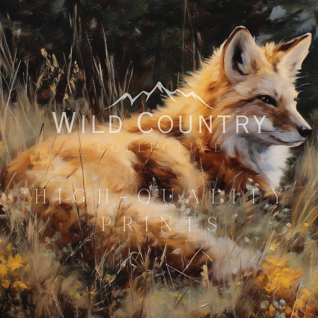 a fox resting in a field of tall grass, with mountains visible in the background.