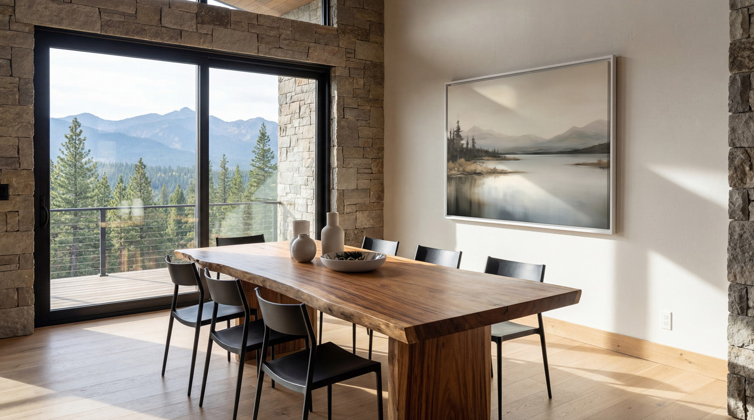 a modern dining room with a large wooden table and chairs, a framed landscape painting on the wall, and a view of mountains through a large window.