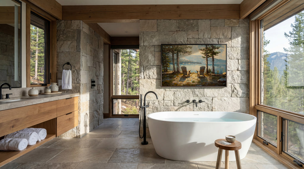 a luxurious bathroom with a large freestanding bathtub, a wooden vanity, stone walls, and a painting of a scenic landscape. The room is illuminated by natural light from the large windows, creating a serene and relaxing atmosphere.