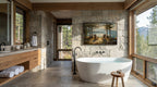 a luxurious bathroom with a large freestanding bathtub, a wooden vanity, stone walls, and a painting of a scenic landscape. The room is illuminated by natural light from the large windows, creating a serene and relaxing atmosphere.