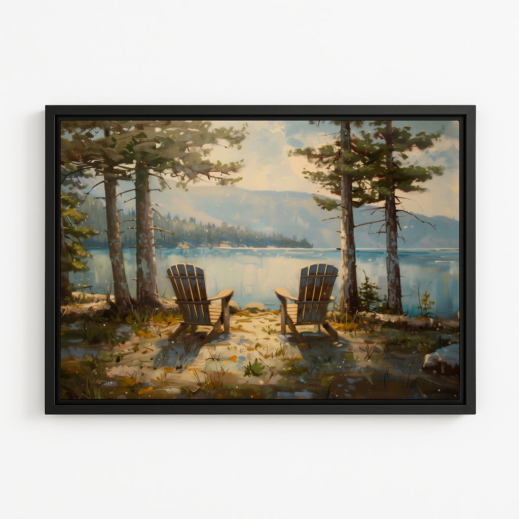 a serene lakeside scene with two wooden Adirondack chairs facing the calm waters, surrounded by lush trees and a picturesque landscape.
