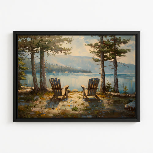 a serene lakeside scene with two wooden Adirondack chairs facing the calm waters, surrounded by lush trees and a picturesque landscape.