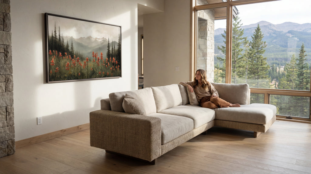 Woman sitting on a beige sectional sofa in a modern living room with large windows showing a mountain view.