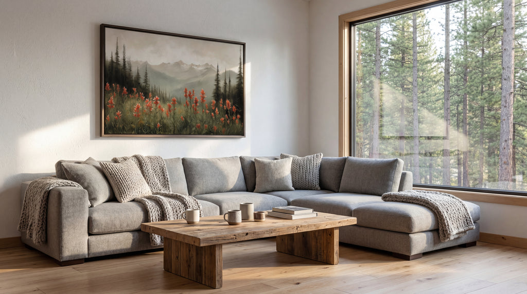 Modern living room with a sectional sofa, wooden coffee table, and large window view.