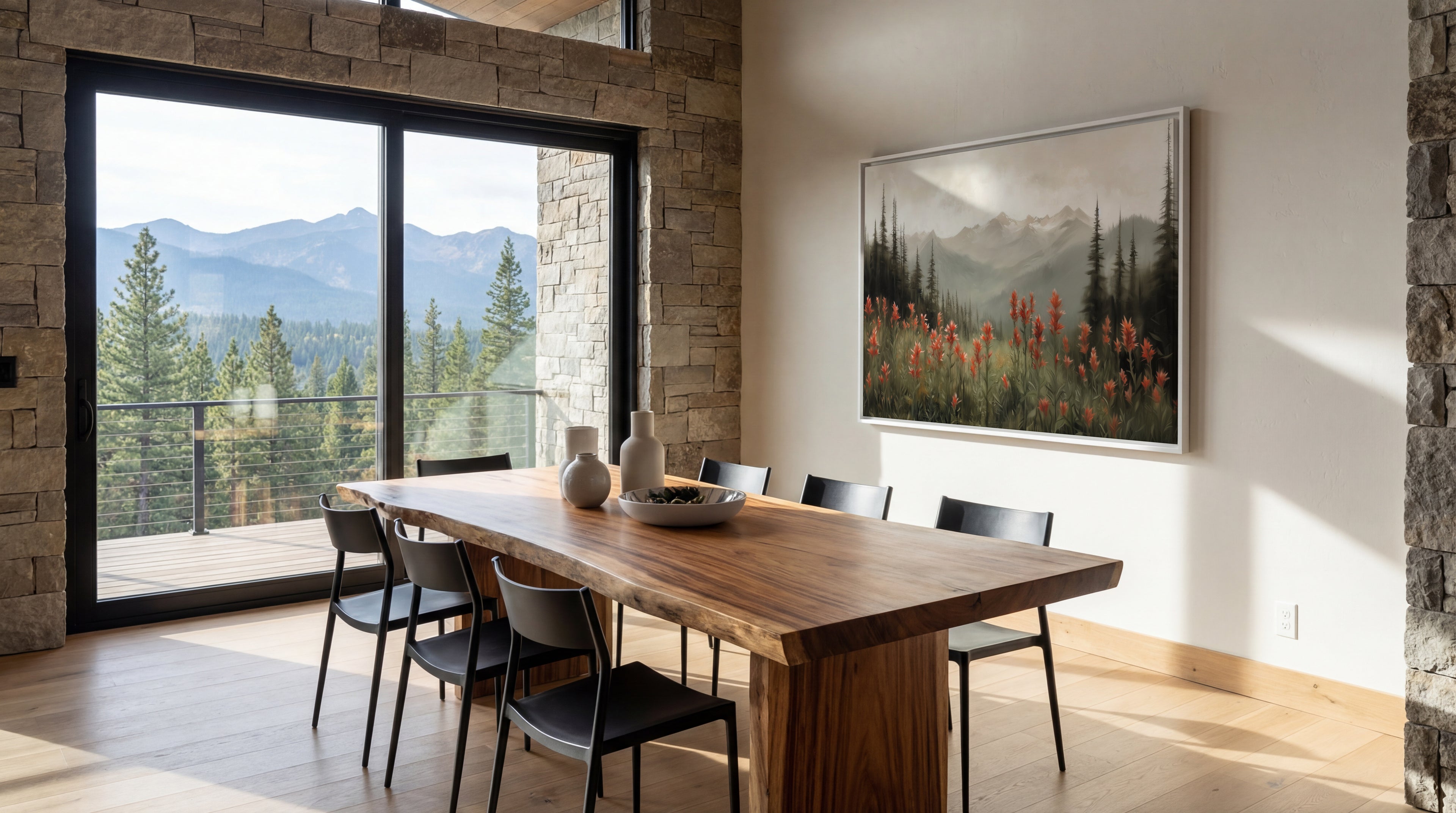 Dining area with wooden table and chairs, large window showing mountains, and wall art.