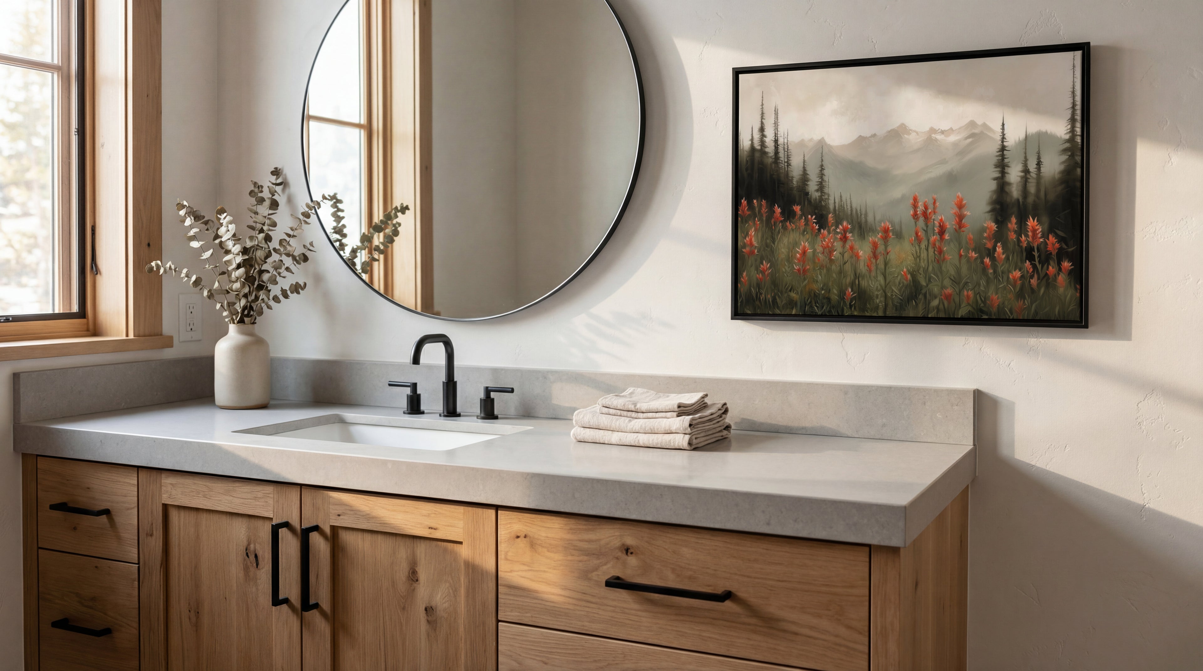 Bathroom with wooden vanity, round mirror, and mountain-themed artwork.