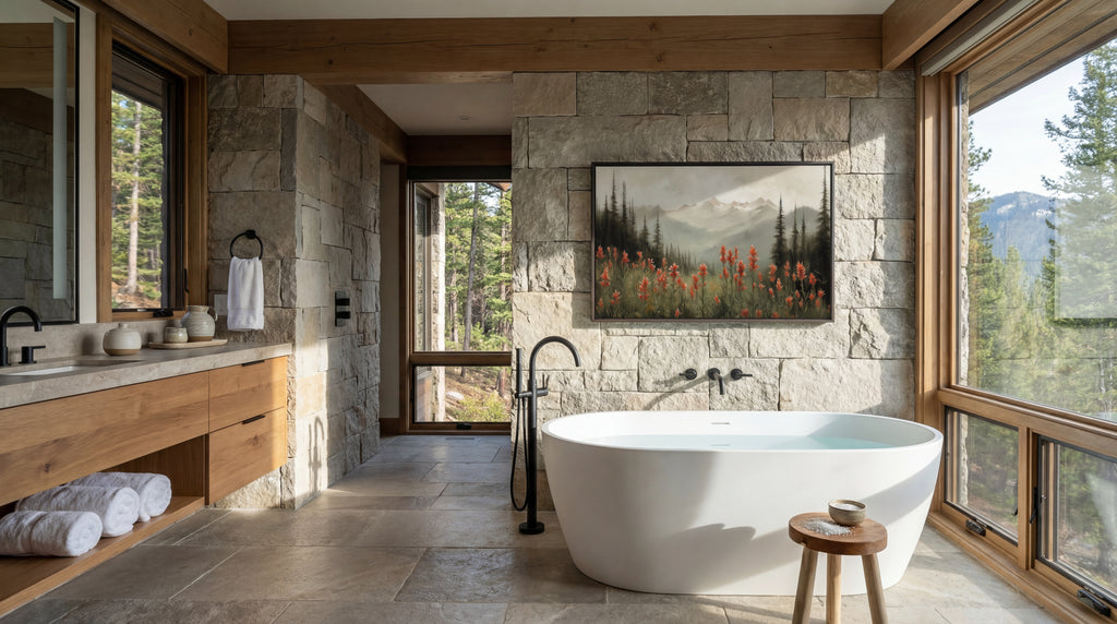 Modern bathroom with stone walls, freestanding bathtub, and scenic window view.