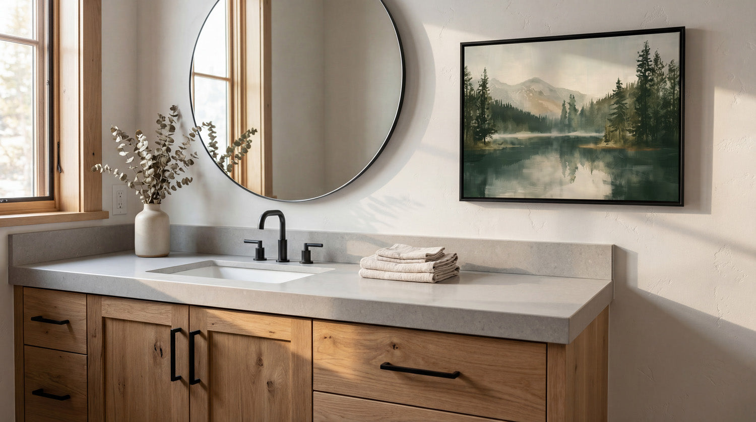 a bathroom with a large mirror, a sink, and a framed landscape painting on the wall. The painting depicts a serene mountain landscape with a lake and trees.
