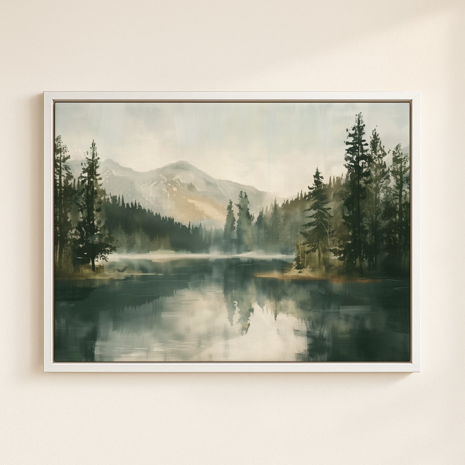 A framed painting depicting a serene landscape with a lake surrounded by pine trees and mountains in the distance.