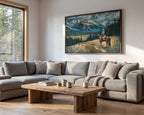 a cozy living room with a large painting of a cowboy on a horse hanging on the wall. The room is furnished with a gray sectional sofa, a wooden coffee table, and a bookshelf. The painting adds a rustic and western touch to the room's decor.