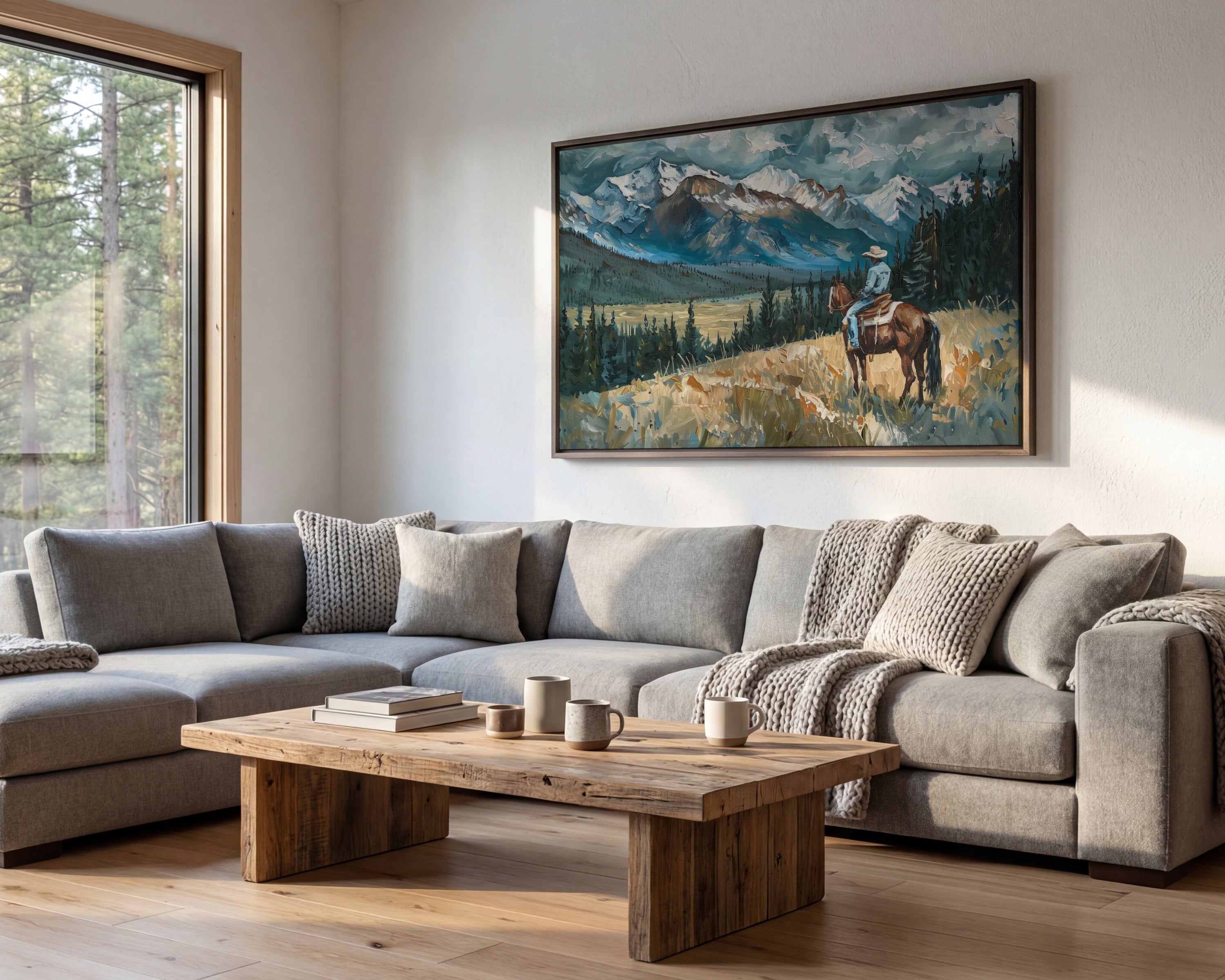 a cozy living room with a large painting of a cowboy on a horse hanging on the wall. The room is furnished with a gray sectional sofa, a wooden coffee table, and a bookshelf. The painting adds a rustic and western touch to the room's decor.