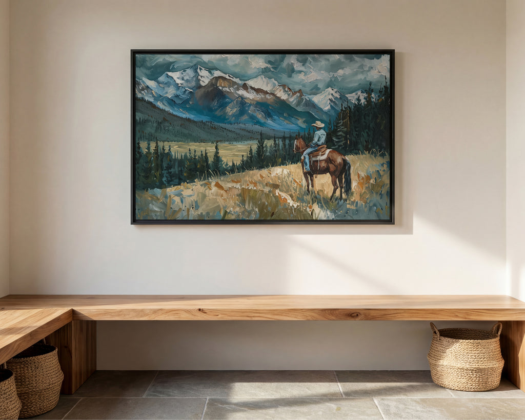 a painting of a cowboy riding a horse in a mountainous landscape, with a wooden bench and woven baskets in the foreground.