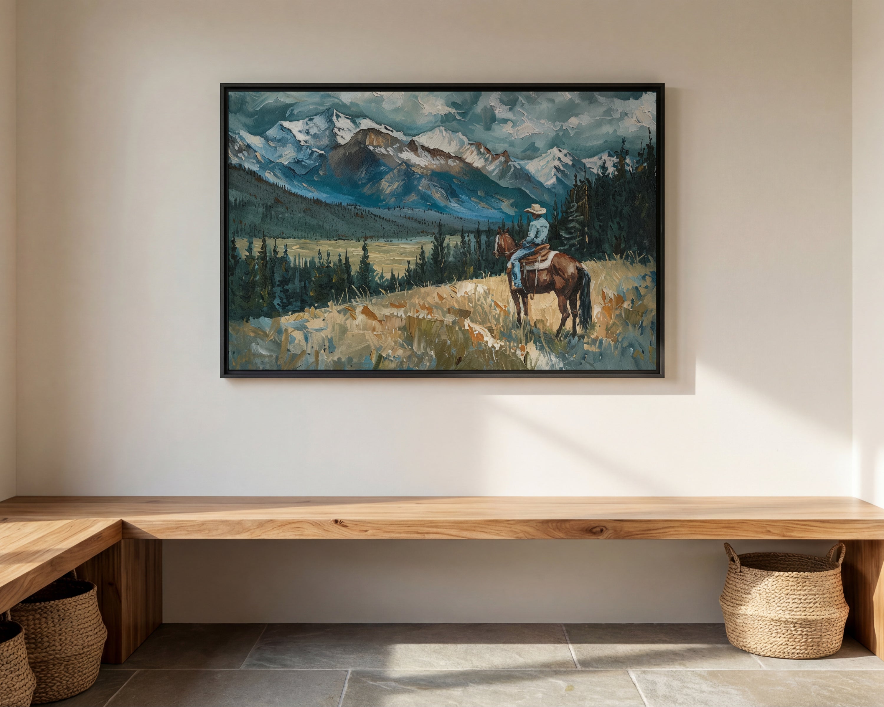 a painting of a cowboy riding a horse in a mountainous landscape, with a wooden bench and woven baskets in the foreground.