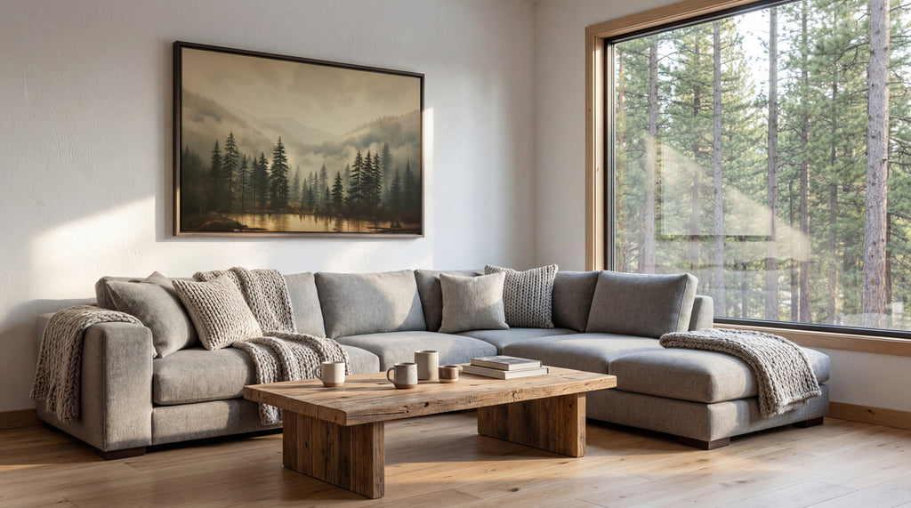 a cozy living room with a large window overlooking a forest, featuring a gray sectional sofa, a wooden coffee table, and a framed landscape painting on the wall.