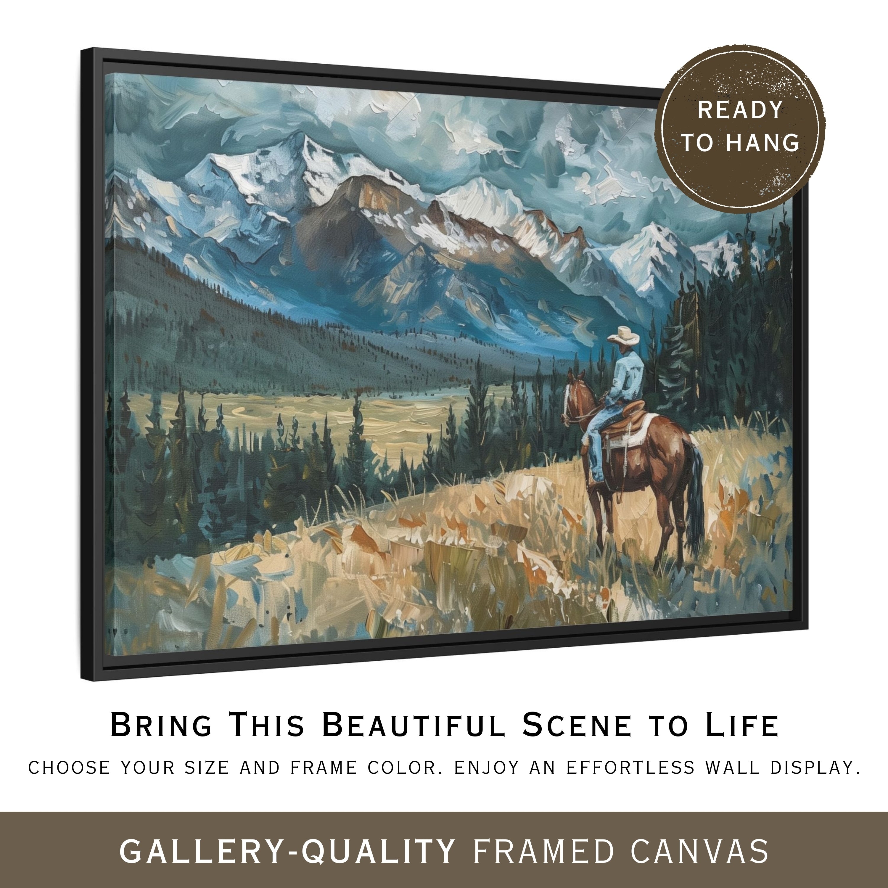 The image is a framed canvas depicting a person riding a horse in a scenic mountain landscape.