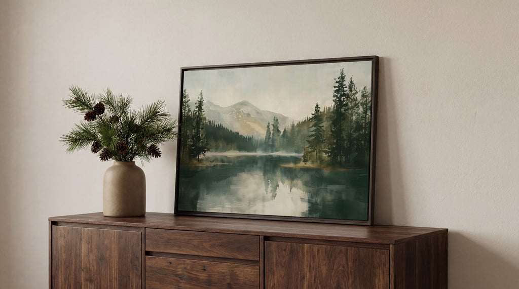 a framed painting of a serene landscape with pine trees and a lake, displayed on a wooden cabinet or dresser.