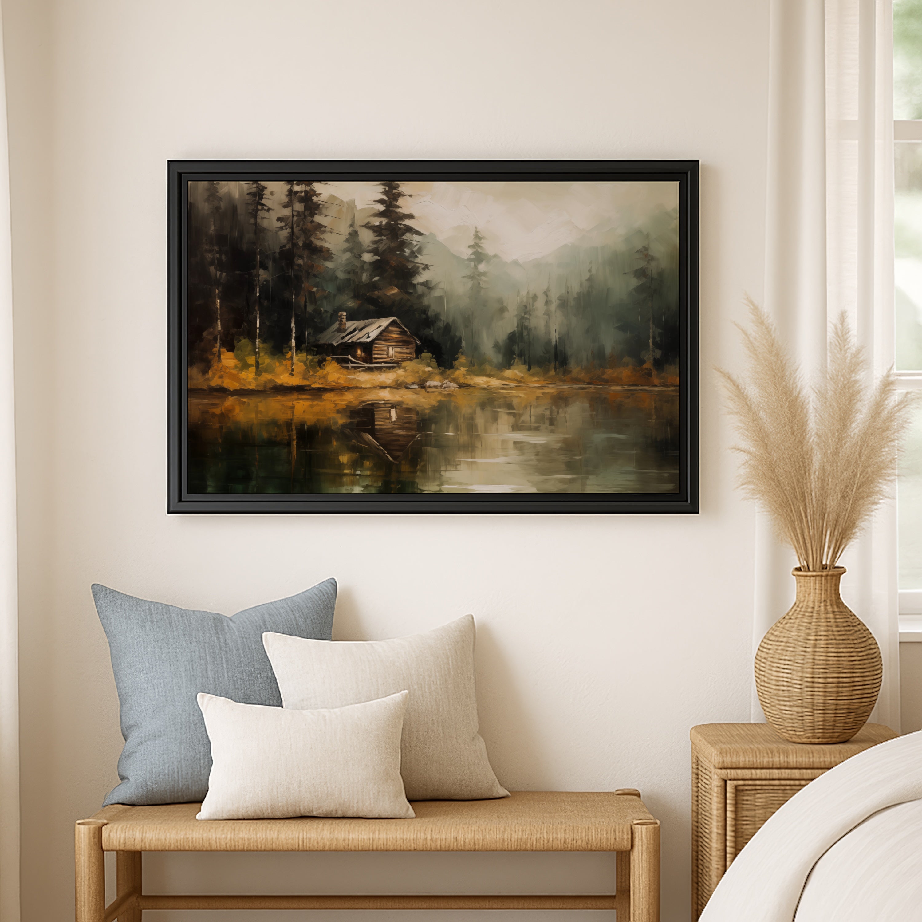 a painting of a cabin on a lake, hanging on a wall above a wooden bench with pillows.