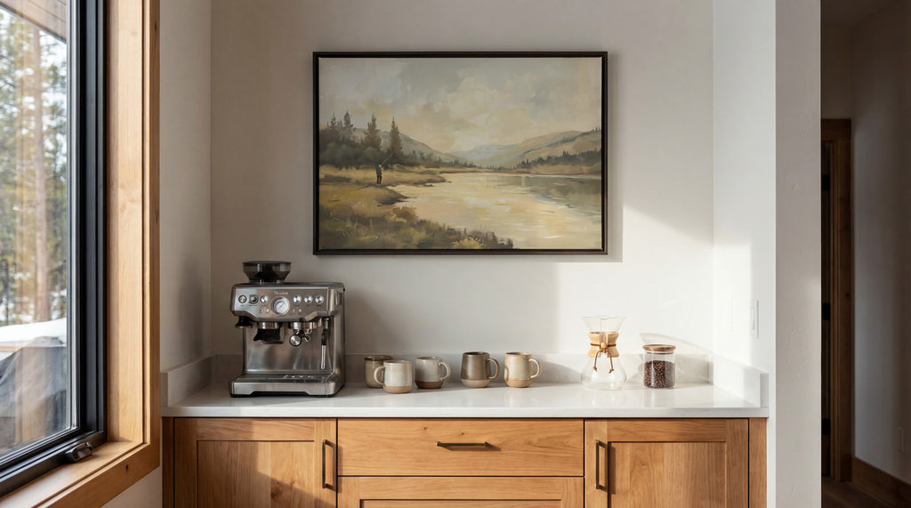 a cozy kitchen scene with a framed landscape painting hanging on the wall above a white countertop. On the countertop, there is a coffee maker and two mugs, suggesting a space for enjoying a warm beverage.