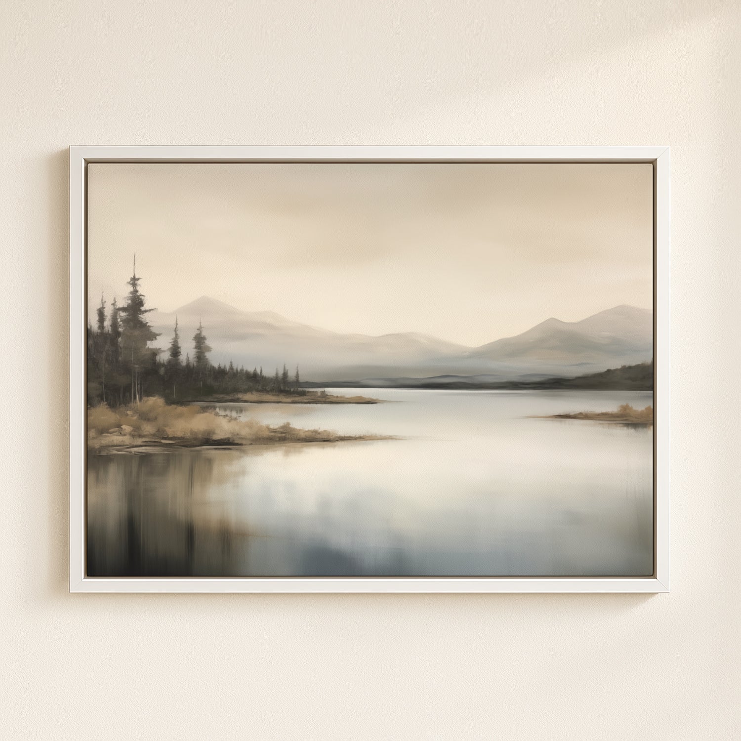 The image is a framed landscape painting depicting a serene scene of a lake surrounded by mountains, with trees and a cloudy sky in the background.