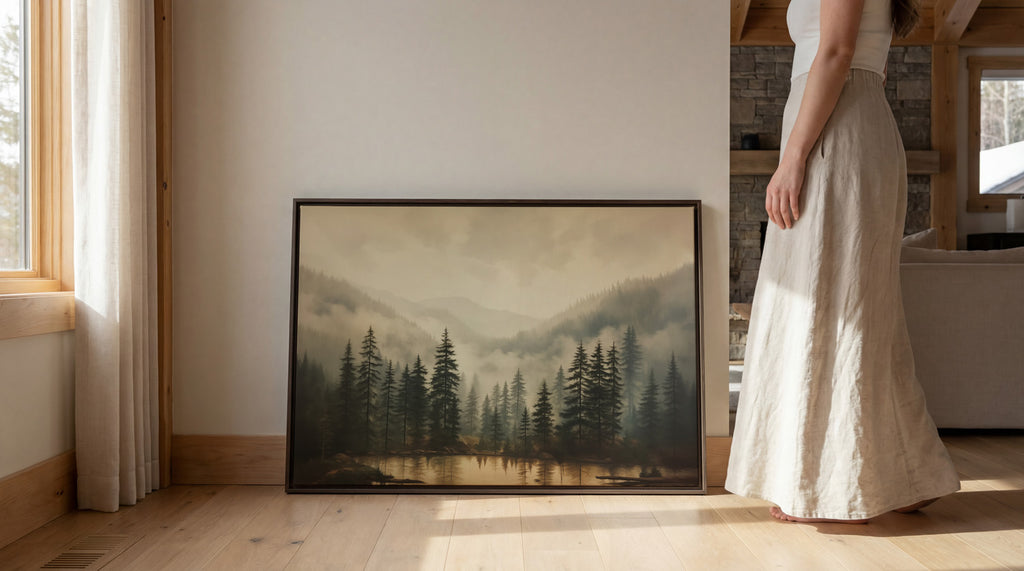 A woman in a long white skirt stands next to a large framed landscape painting depicting a forest scene with mountains in the background.