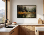 a serene kitchen scene with a large painting of a cabin on the wall, a sink, a bowl of fruit, and a window overlooking a forest.