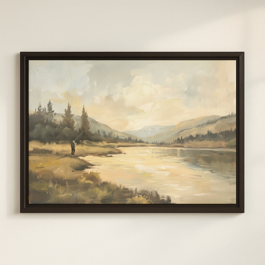The image is a framed painting depicting a person fishing in a scenic landscape with mountains, trees, and a body of water.