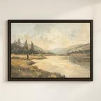 The image is a framed painting depicting a person fishing in a scenic landscape with mountains, trees, and a body of water.