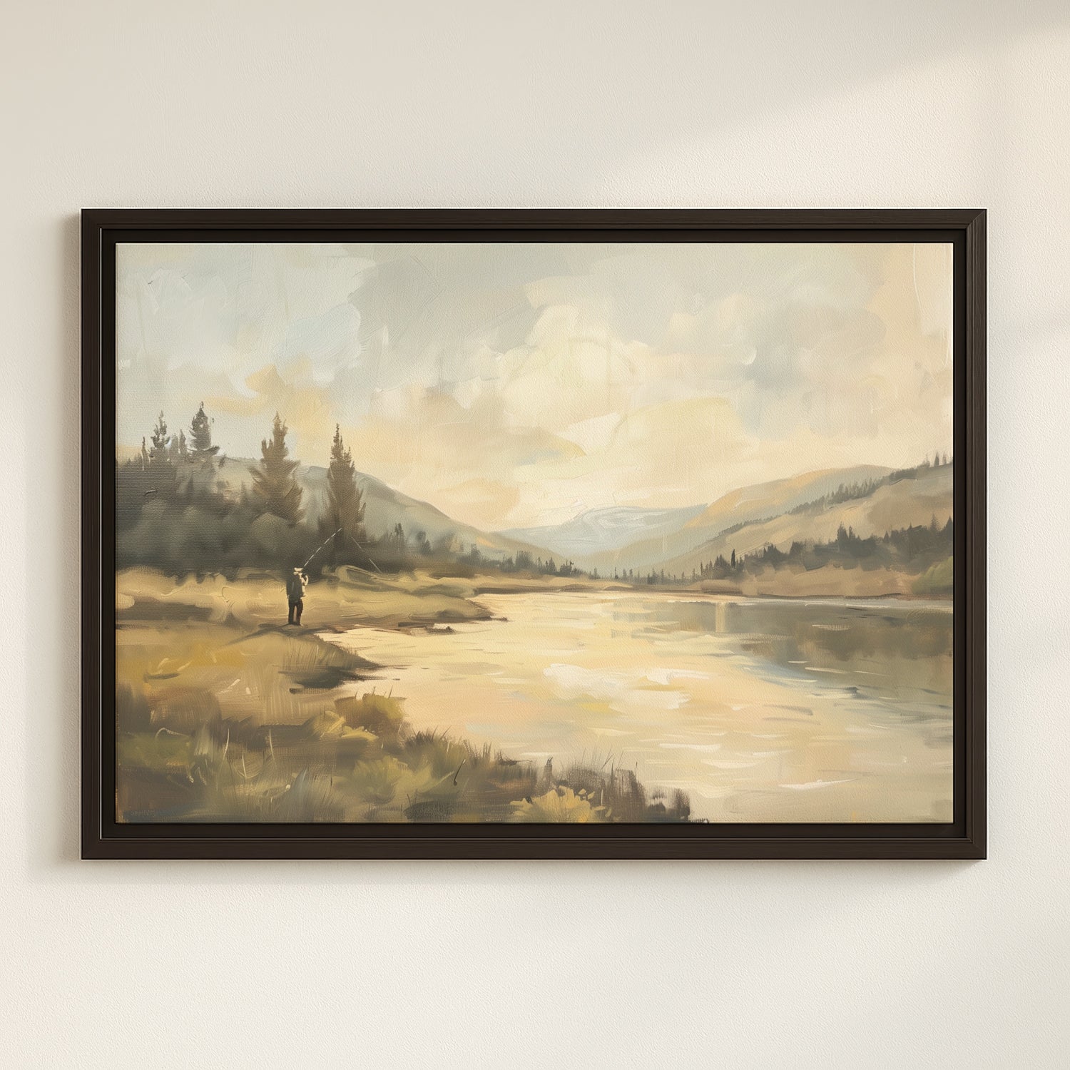 The image is a framed painting depicting a person fishing in a scenic landscape with mountains, trees, and a body of water.