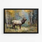 A painting of a majestic elk standing in a forest with autumn-colored trees.