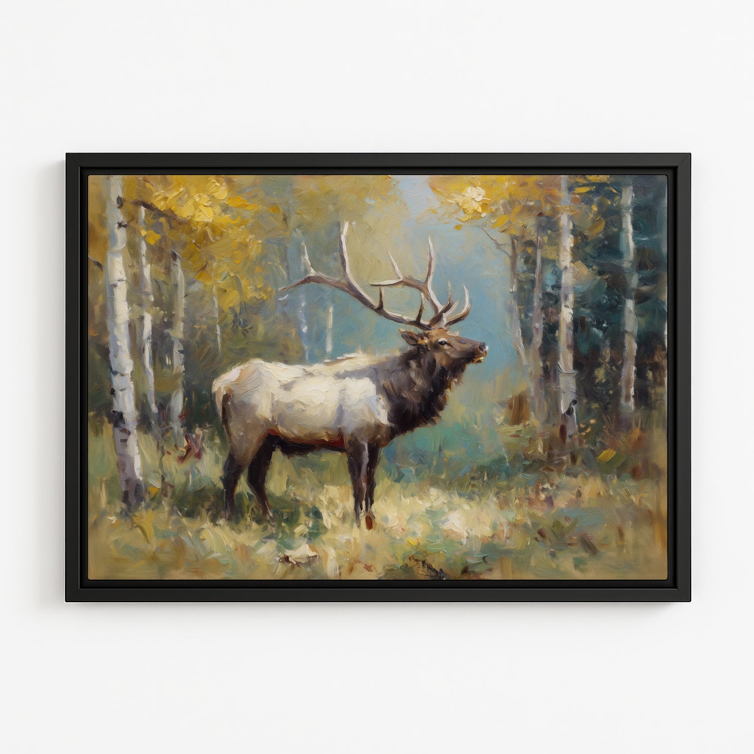 A painting of a majestic elk standing in a forest with autumn-colored trees.