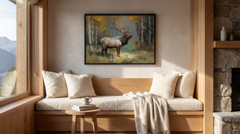 a cozy living room with a large window overlooking a scenic mountain landscape. The room features a wooden bench with plush pillows, a small wooden table with a coffee mug, and a framed painting of a majestic elk standing in a forest.