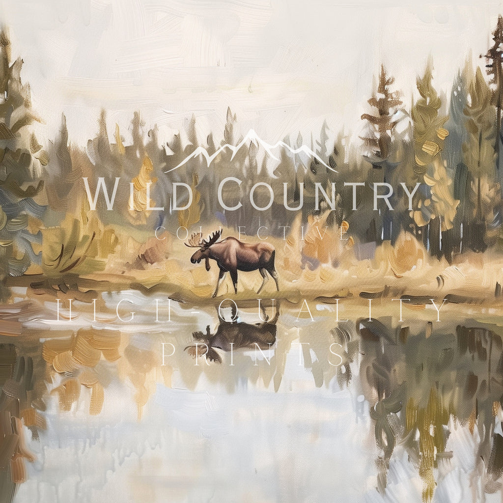 a moose walking across a body of water, surrounded by a forested landscape with mountains in the background.