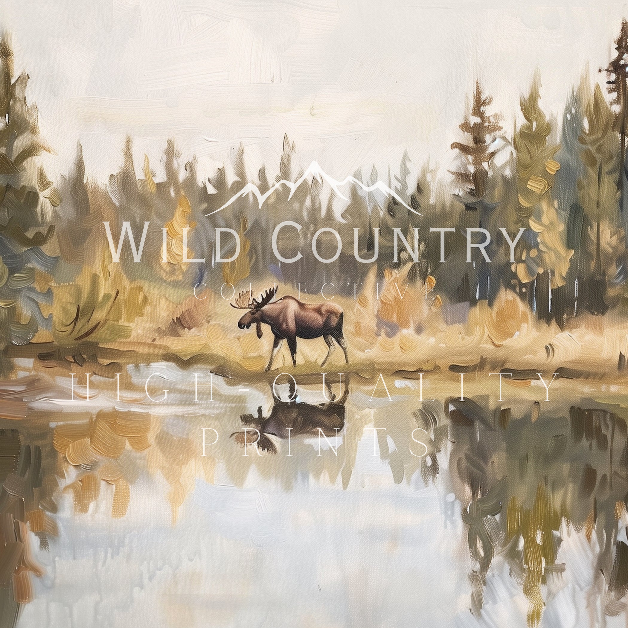 a moose walking across a body of water, surrounded by a forested landscape with mountains in the background.