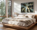 a serene bedroom with a large bed, a wooden headboard, and a painting of trees on the wall. The room has large windows that provide a view of the outdoors, and the overall decor has a warm and cozy feel.