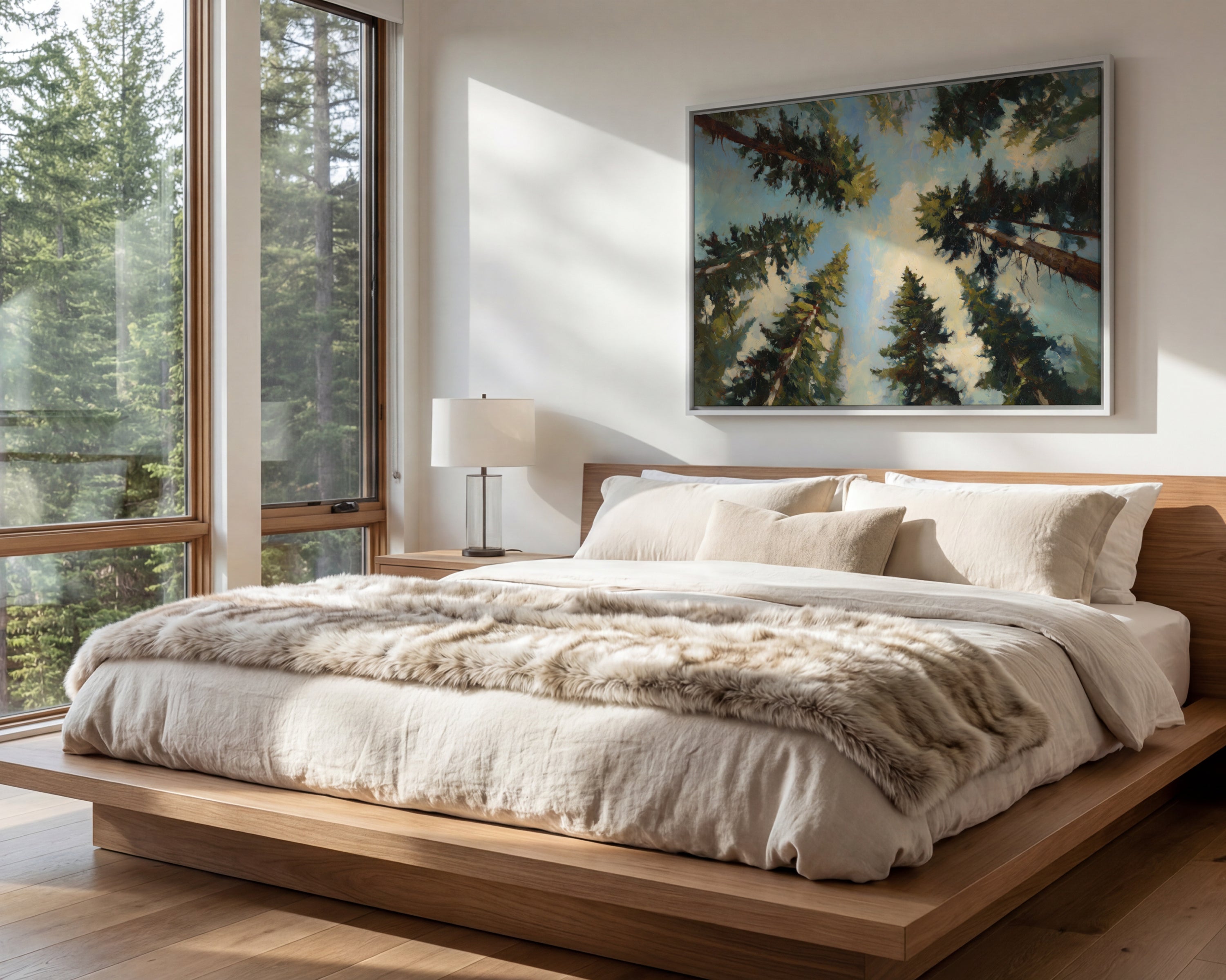 a serene bedroom with a large bed, a wooden headboard, and a painting of trees on the wall. The room has large windows that provide a view of the outdoors, and the overall decor has a warm and cozy feel.