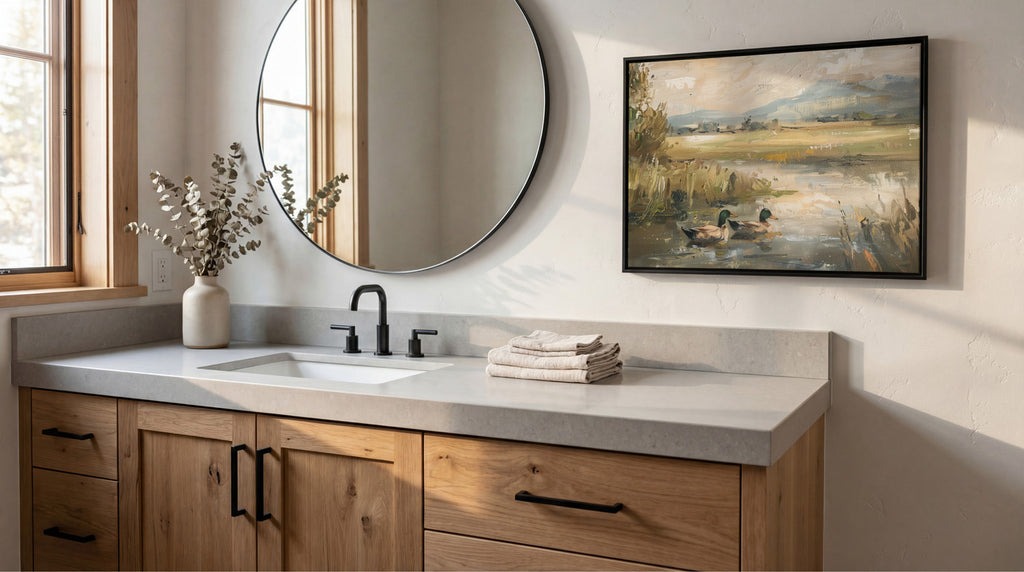 a modern bathroom with a large mirror, a sink, and a painting of ducks on the wall.