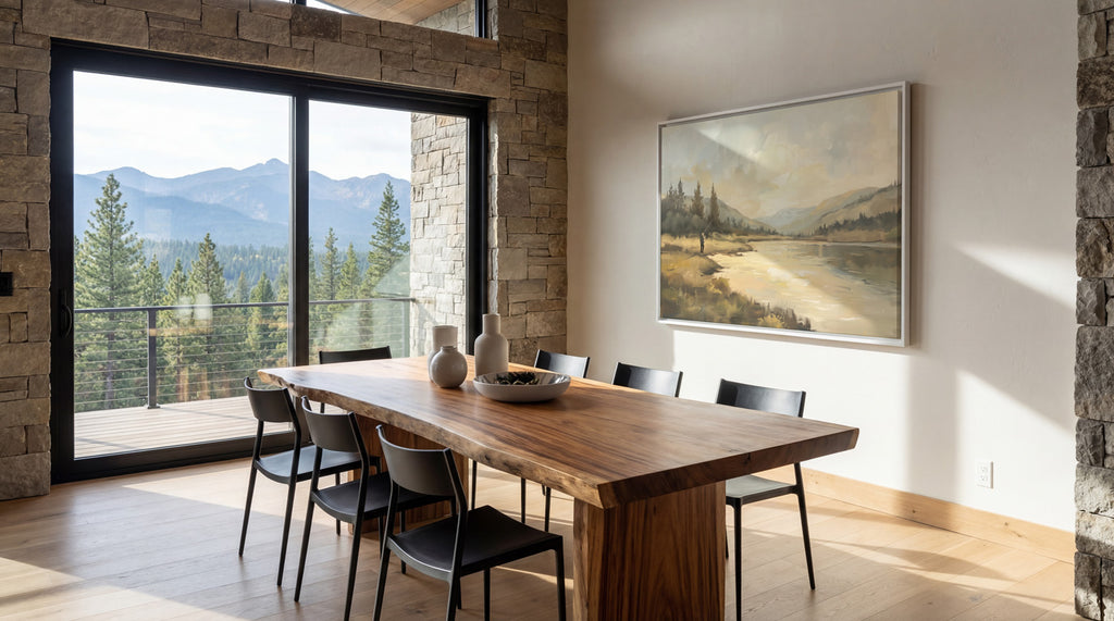 a modern dining room with a large wooden table and chairs, a painting of a mountain landscape on the wall, and a view of the mountains through a large window.