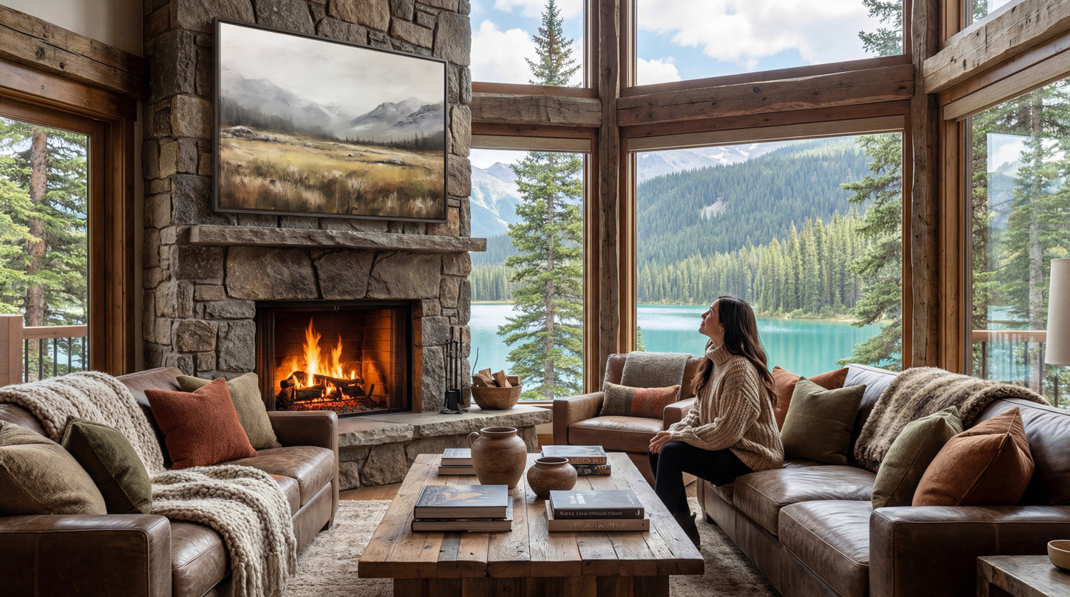 A woman sits on a couch in a cozy living room, gazing out a large window at a picturesque mountain landscape. The room is warmly lit by a fireplace, and the wooden furniture and decor create a rustic, inviting atmosphere.