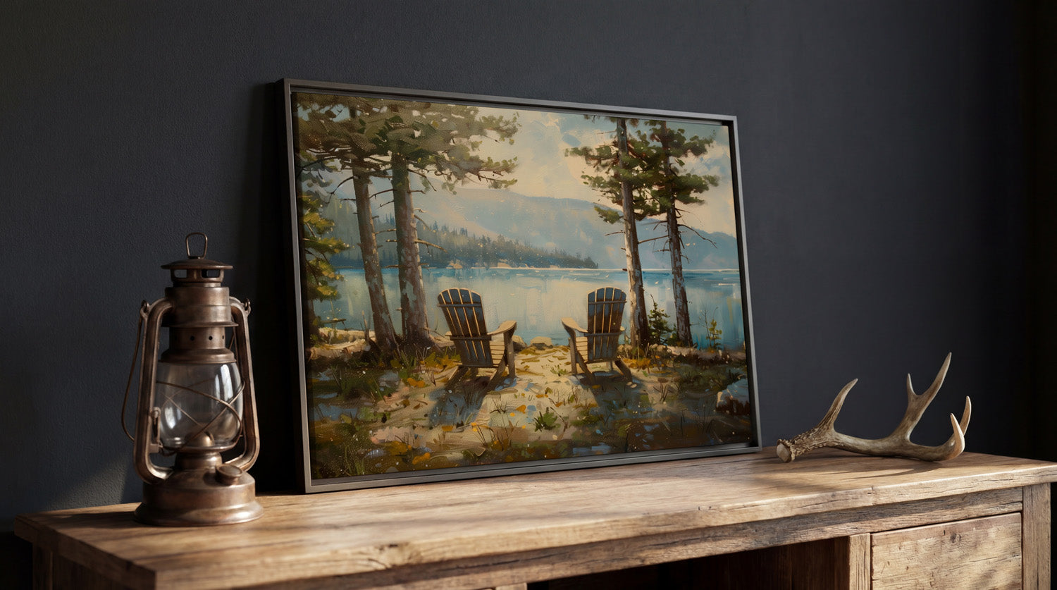 a painting of two Adirondack chairs overlooking a lake, surrounded by trees and mountains.