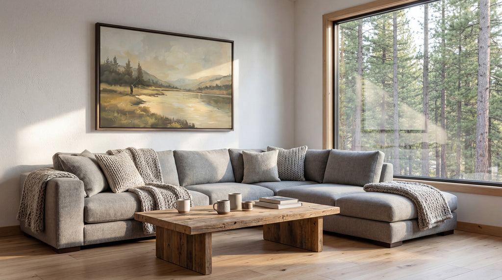 a cozy living room with a large window overlooking a forest, a wooden coffee table, and a comfortable gray sectional sofa.