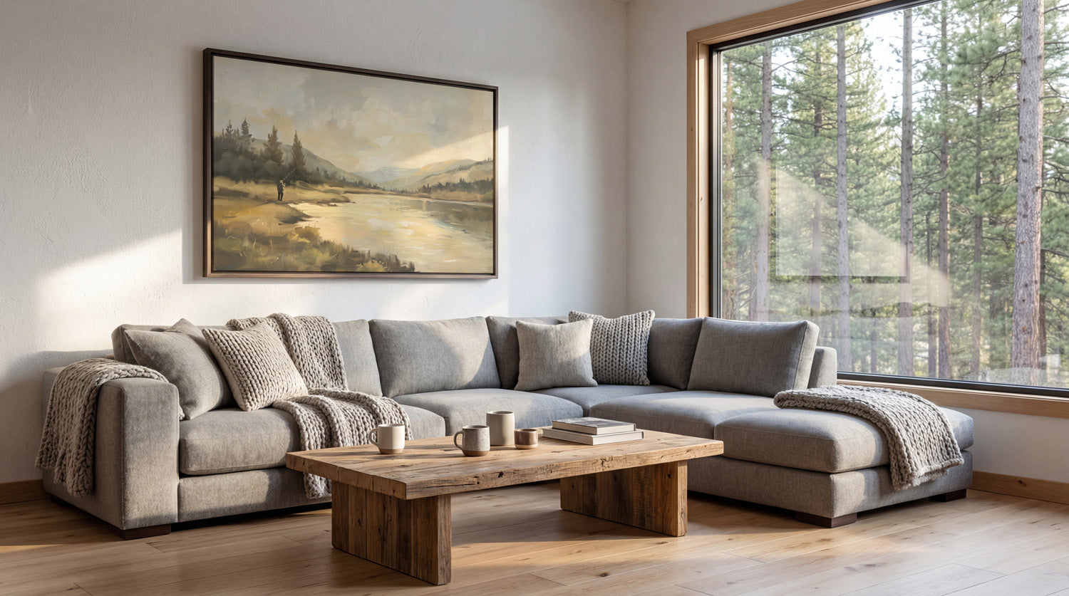 a cozy living room with a large window overlooking a forest, a wooden coffee table, and a comfortable gray sectional sofa.