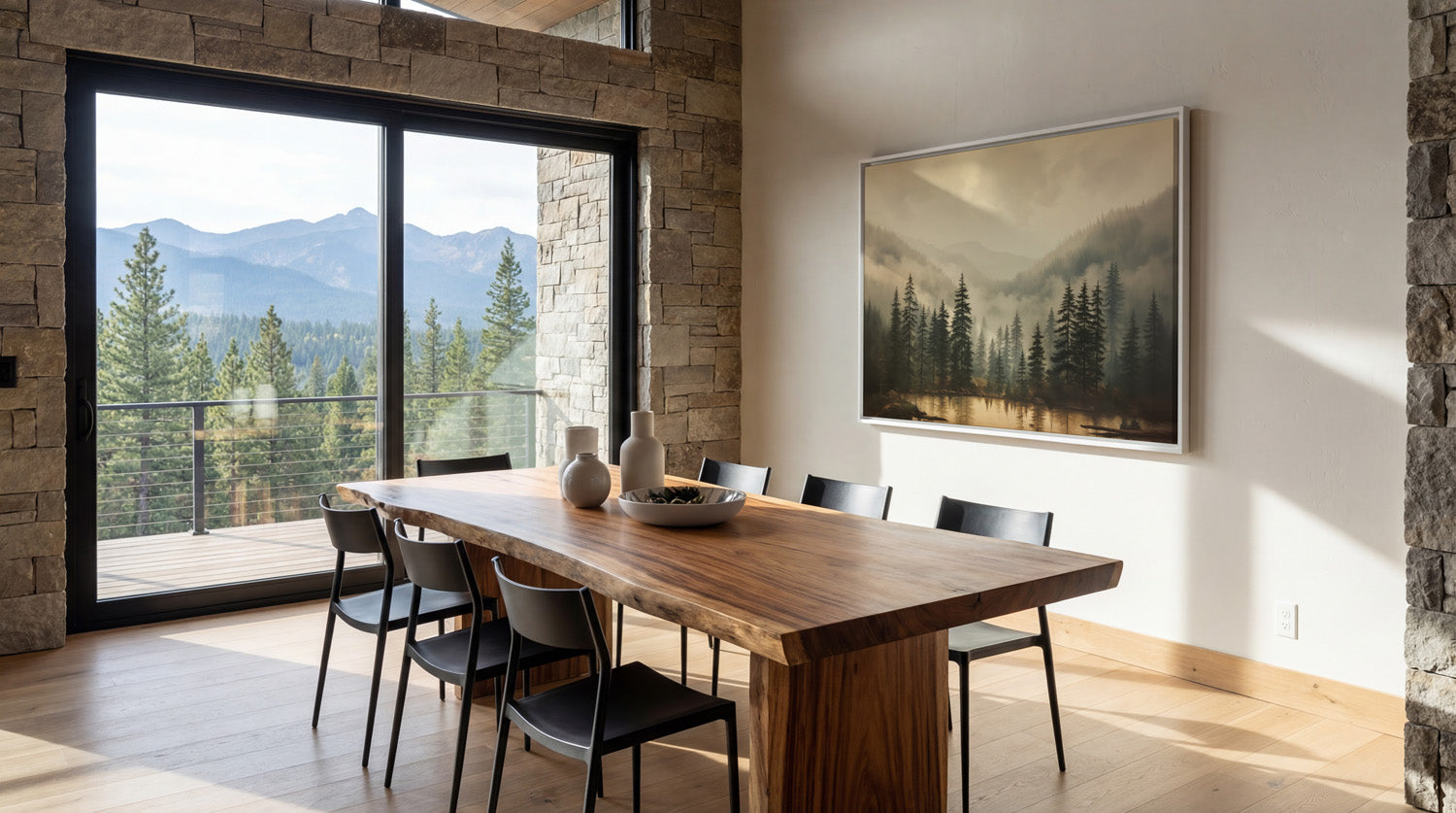a modern dining room with a large wooden table and chairs, a large window offering a scenic mountain view, and a framed landscape painting on the wall.