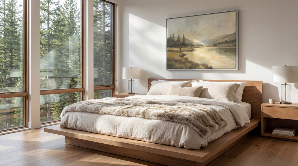 a serene bedroom with a large bed, wooden nightstands, and a painting of a landscape on the wall. The room has large windows that provide a view of the outdoors, and the overall decor has a warm, natural feel.